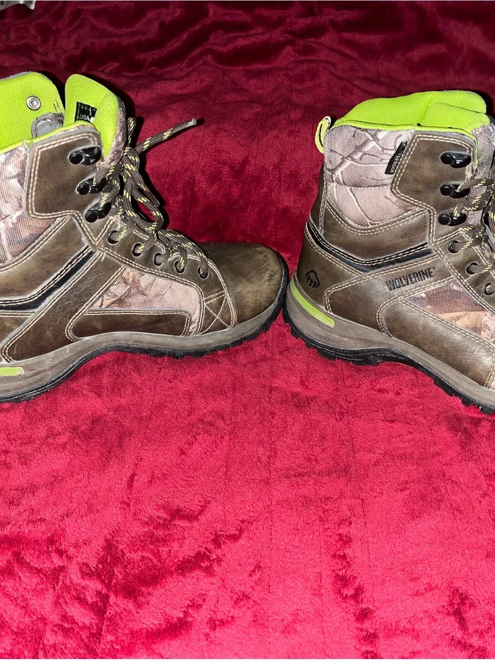 Wolverine Brown Camo Work Boots with Neon Yellow Trim